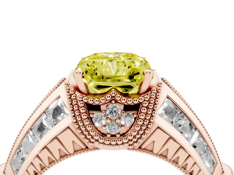 Fancy Yellow Radiant Cut Diamond Vintage-Inspired Milgrain Ring Set in Rose gold with Accent Split Shank