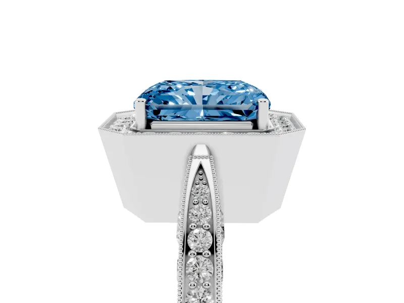 Radiant Cut Milgrain Halo Engagement Ring Setting for a Fancy Blue Lab-Grown Diamond | Side Stones | Platinum