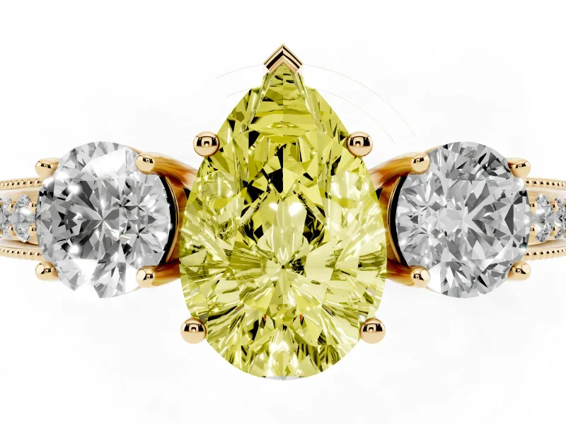 Pear-Shaped Three Stone Engagement Ring Setting for a Fancy Yellow Lab-Grown Diamond | Graduated Pave Band | Yellow Gold