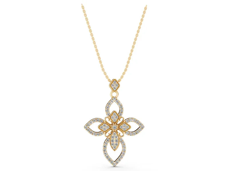 Round Lab-Grown Diamond Pavé Floral Cross Pendant Necklace | Petal Arms | Yellow Gold