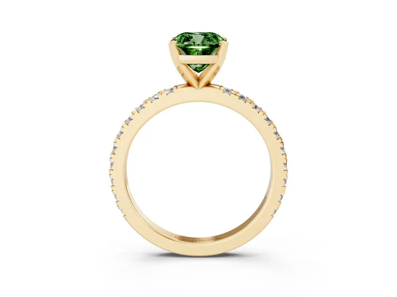 Fancy Green Cushion Cut Diamond Pavé Band Solitaire Set in Yellow gold with Prong Setting