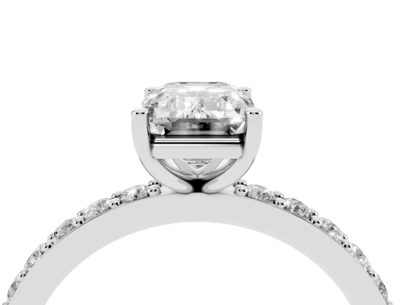 Emerald Cut Diamond Solitaire Set in White gold with Round Pavé Band and Prong Setting