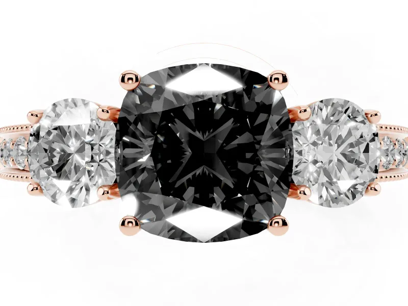 Cushion Cut Three Stone Engagement Ring Setting for a Black Center | Graduated Pavé Band | Rose Gold