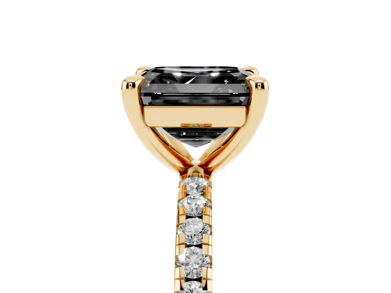 Fancy Black Asscher Cut Diamond Brilliant Solitaire Ring Set in Yellow gold with Pavé Band and Prong Setting