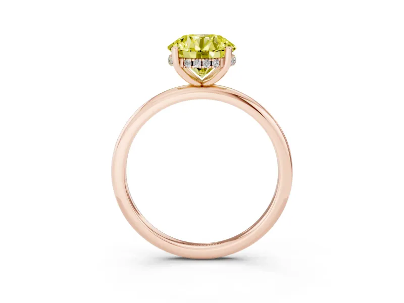Fancy Yellow Round Cut Diamond Solitaire Engagement Ring Set in Rose gold with Prong Setting and Polished Band