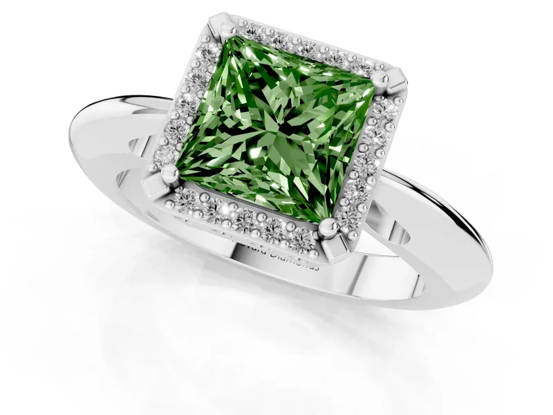 Fancy Green Princess Cut Diamond Halo Engagement Ring Set in Silver with Plain Split Shank and Prong Setting