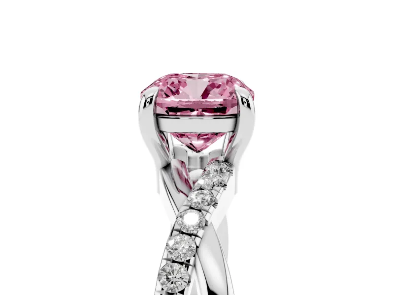 Fancy Pink Cushion Cut Diamond Twist Band Solitaire Set in Silver with Pavé Accents and Prong Setting