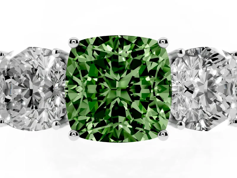 Fancy Green Cushion Cut Diamond Three-Stone Ring Set in Silver with Textured Band