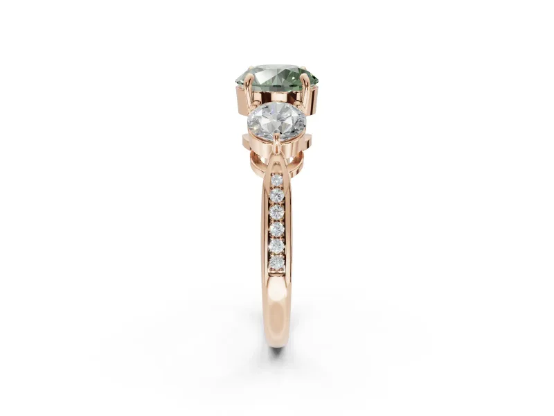 Round Three Stone Engagement Ring Setting for a Fancy Green Lab-Grown Diamond | Tapered Pave Band | Rose Gold