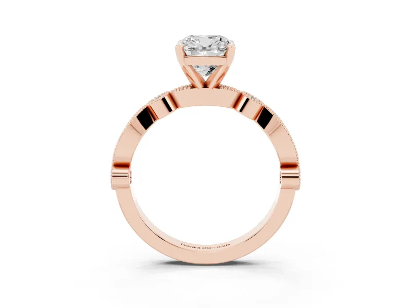 Cushion Cut Diamond Solitaire Engagement Ring Set in Rose gold with Milgrain Bezel Accent Band