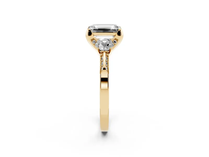 Emerald Cut Hidden Halo Three Stone Engagement Ring Setting for a Fancy Green Lab-Grown Diamond | Yellow Gold