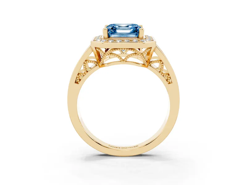 Asscher Cut Halo Engagement Ring Setting for a Fancy Blue Lab-Grown Diamond | Channel-Set Split Shank | Yellow Gold