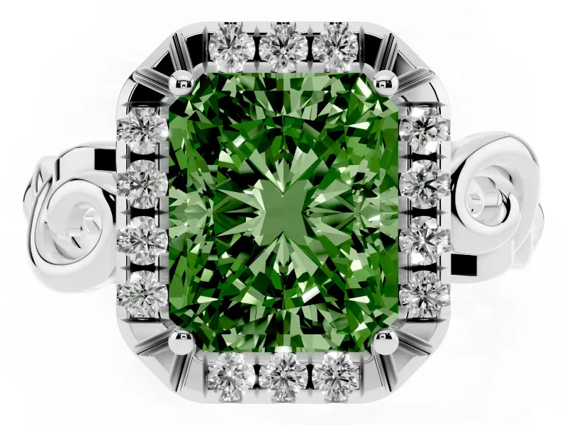 Fancy Green Radiant Cut Diamond Halo Ring Set in Platinum with Scrollwork Band and Prong Setting