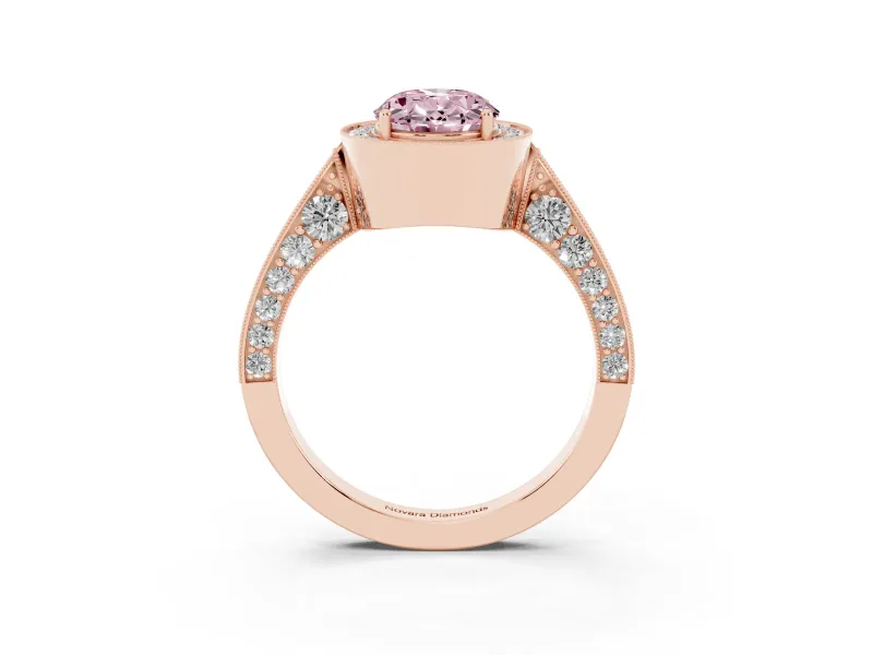 Oval Vintage Milgrain Halo Engagement Ring Setting for a Fancy Pink Lab-Grown Diamond | Side Stones and Pave | Rose Gold