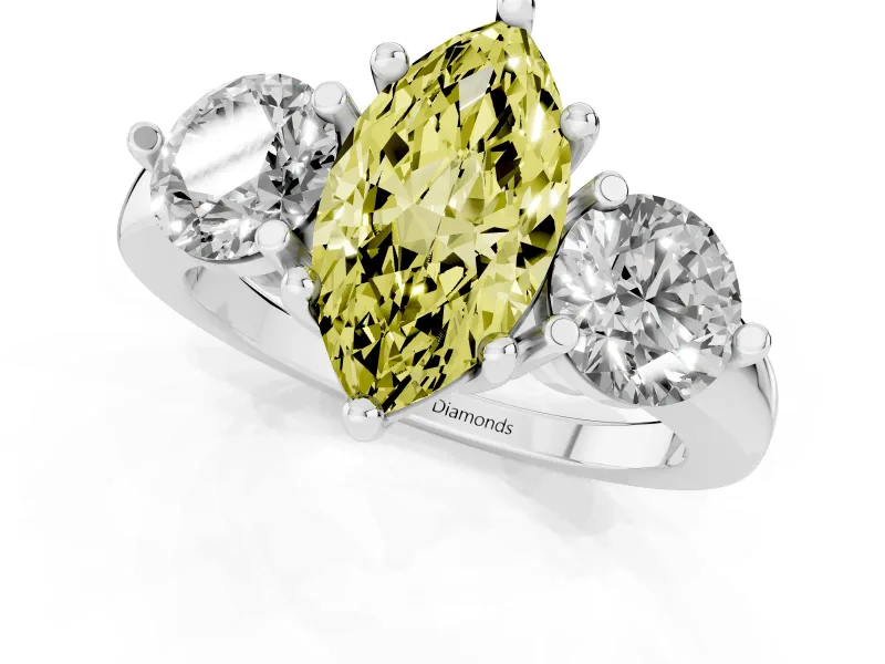 Fancy Yellow Marquise Cut Diamond Three-Stone Ring Set in Platinum with Prong Setting and Classic Band