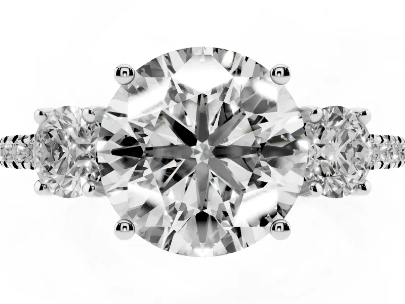 Round Cut Diamond Three-Stone Ring Set in Silver with Pavé Band and Graduated Sides