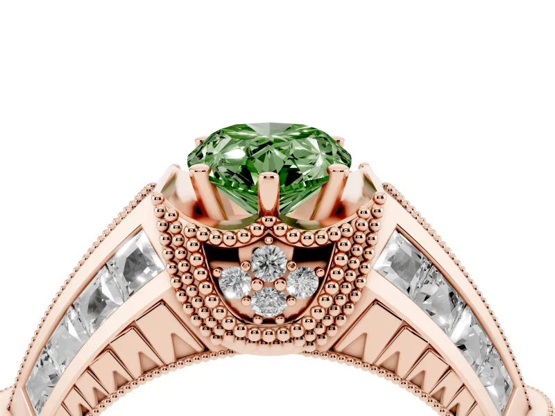 Fancy Green Pear Cut Diamond Vintage-Inspired Milgrain Ring Set in Rose gold with Accent Split Shank
