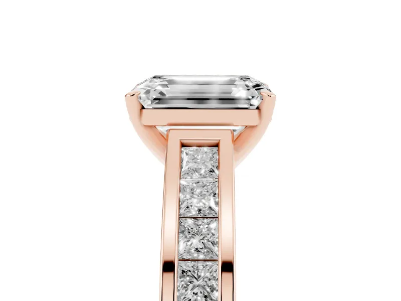 Emerald Cut Channel Set Engagement Ring Setting | Princess Cut Accents | Rose Gold