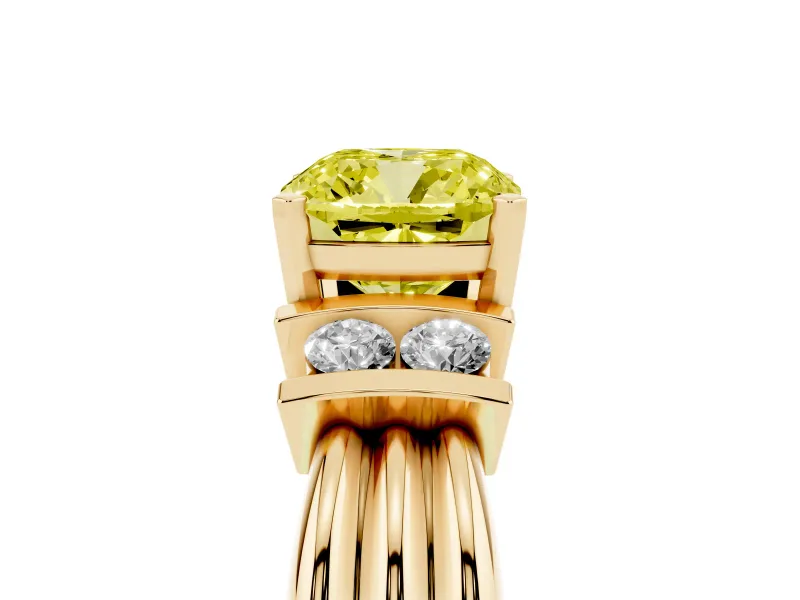 Fancy Yellow Three-Stone Cushion Cut Diamond Channel Set Ring Set in Yellow gold with Bar Prongs