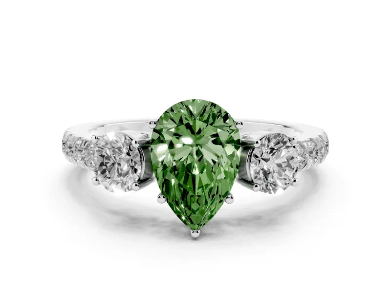 Fancy Green Pear Cut Diamond Three-Stone Ring Set in Platinum with Round Side Stones and Delicate Pavé Band