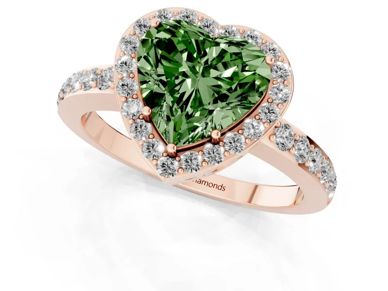 Fancy Green Heart Cut Diamond Halo Ring Set in Rose gold with Pavé-Setting Band and Open Prong Center