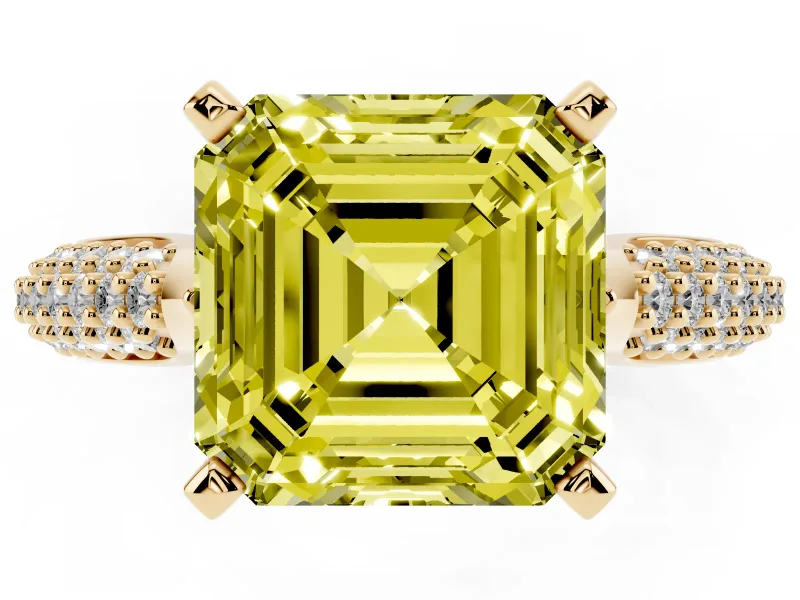 Fancy Yellow Asscher Cut Diamond Solitaire Engagement Ring Set in Yellow gold with Multi-Row Round Pavé Band and Prong Setting