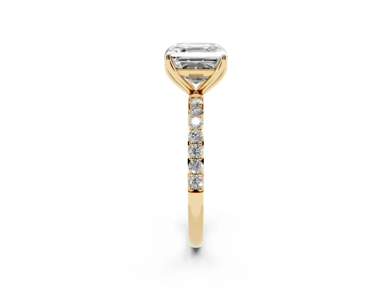 Asscher Cut Pave Solitaire Engagement Ring Setting | Fine Line Pave Band | Yellow Gold
