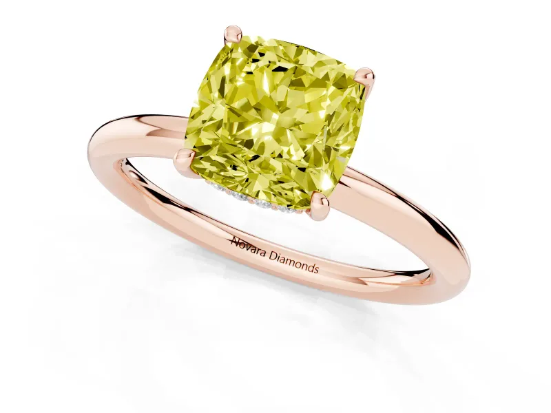Fancy Yellow Cushion Cut Diamond Solitaire Ring Set in Rose gold with Thin Band and Prong Setting