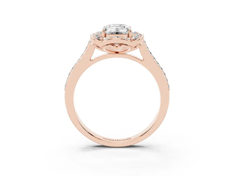 Emerald Cut Petal Tip Halo Engagement Ring Setting | Single Row Pavé Band | Rose Gold