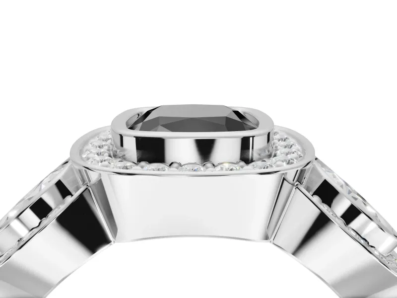 Cushion Cut Three Stone Halo Engagement Ring Setting for a Black Center | Sterling Silver