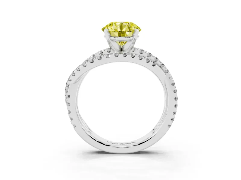 Fancy Yellow Round Cut Diamond Solitaire Twist Band Ring Set in White gold with Pavé Setting and Prong Head