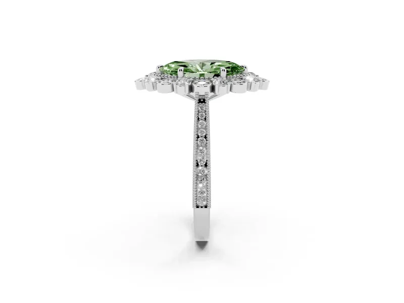 Fancy Green Marquise Cut Diamond Halo Milgrain Pavé Ring Set in White gold with Prong Setting