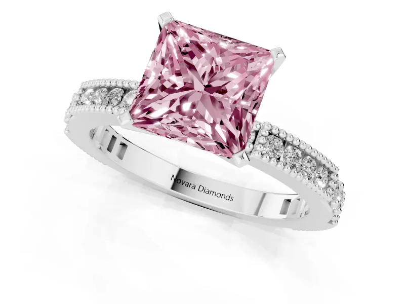 Fancy Pink Princess Cut Diamond Solitaire Ring Set in Silver with Slim Pavé Band and Prong Setting