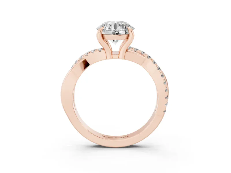 Round Cut Diamond Twist Band Solitaire Set in Rose gold with Pavé Accents and Prong Setting