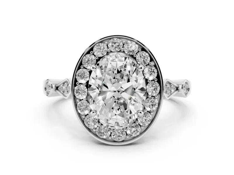 Oval Cut Diamond Halo Engagement Ring Set in Silver with Twisted Band and Prong Setting