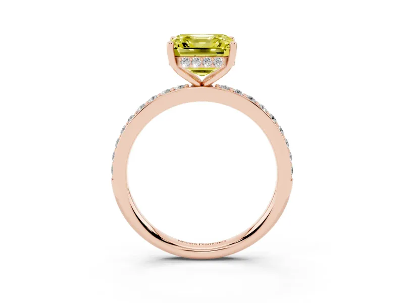 Fancy Yellow Asscher Cut Diamond Pavé Band Ring Set in Rose gold with Prong-Set Center Stone