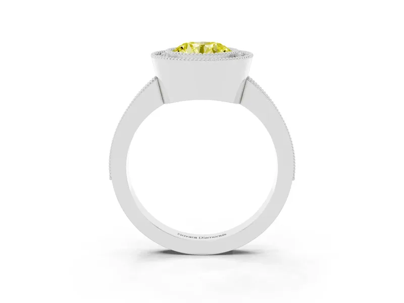 Fancy Yellow Round Cut Diamond Halo Engagement Ring Set in White gold with Pavé Band and Round Halo Stones