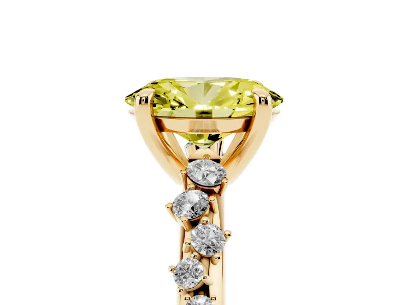 Fancy Yellow Oval Cut Diamond Solitaire Vine Band Ring Set in Yellow gold with Round Accents and Prong Setting