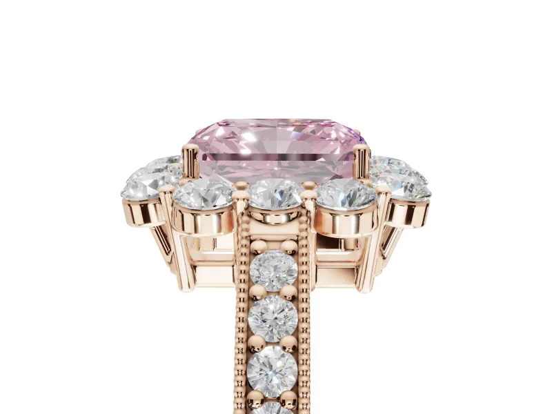 Radiant Cut Vintage Halo Engagement Ring Setting for a Fancy Pink Lab-Grown Diamond | Milgrain Channel Band | Rose Gold