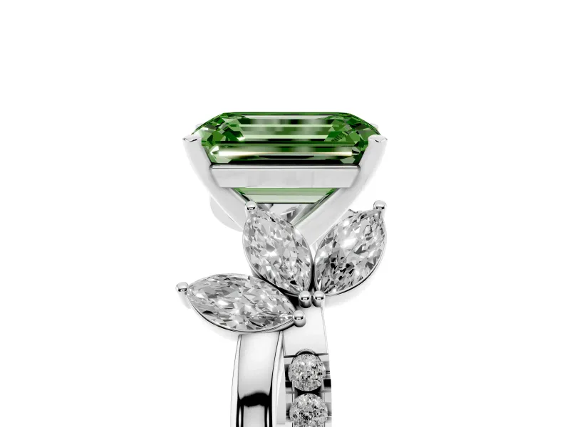 Fancy Green Emerald Cut Diamond Floral Vine Solitaire Engagement Ring Set in Platinum with Marquise Leaves