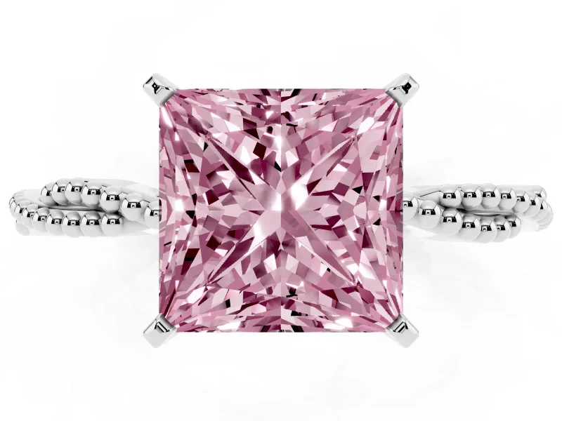 Fancy Pink Princess Cut Diamond Solitaire Ring Set in White gold with Twisted Band and Bead Prong Setting