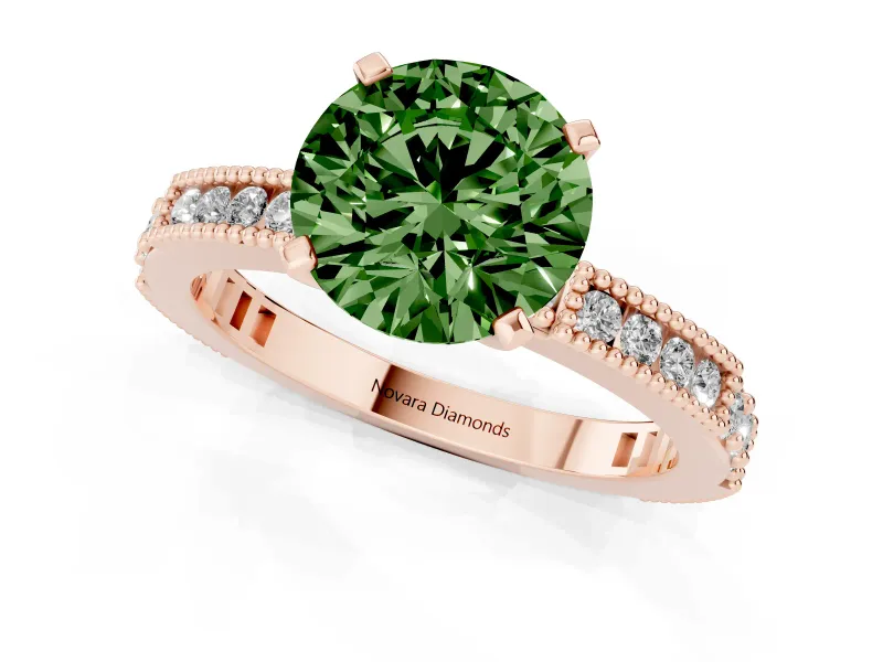 Fancy Green Round Cut Diamond Solitaire Ring Set in Rose gold with Slim Pavé Band and Prong Setting