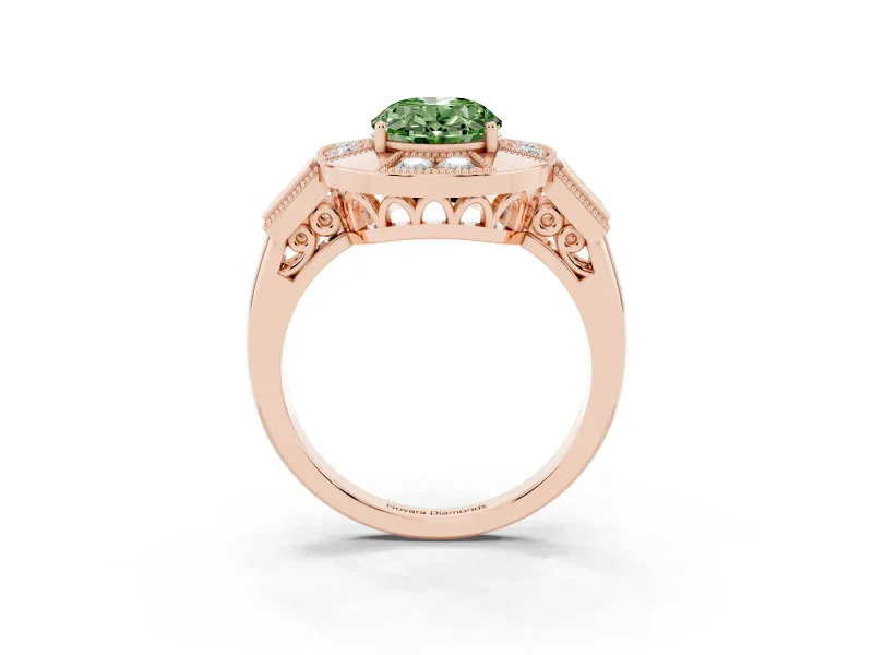 Fancy Green Oval Cut Diamond Milgrain Halo Ring Set in Rose gold with Split Shank