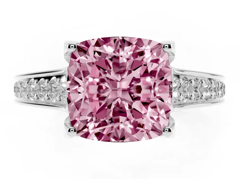 Fancy Pink Cushion Cut Diamond Solitaire Pavé Engagement Ring Set in Platinum with Prong Setting