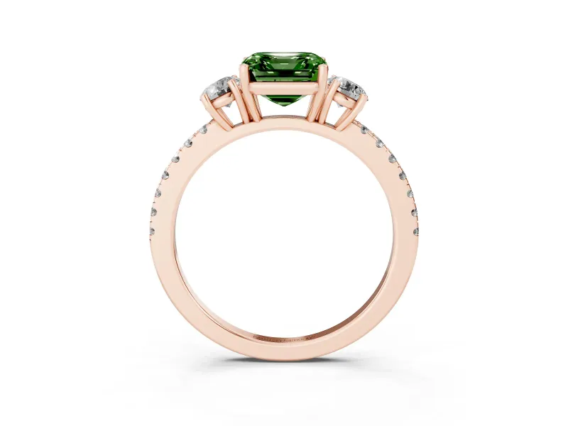 Asscher Cut Three Stone Engagement Ring Setting for a Fancy Green Lab-Grown Diamond | Pave Shoulders | Rose Gold