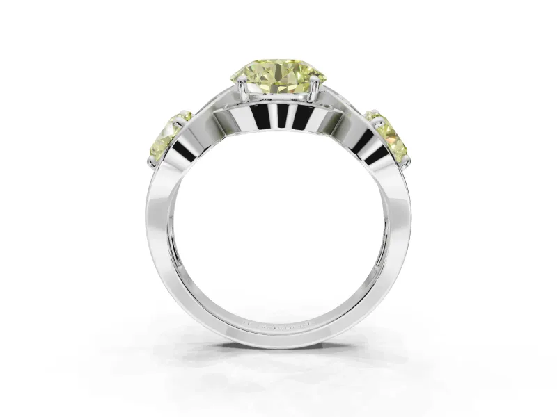 Round Three Stone Halo Engagement Ring Setting for a Fancy Yellow Lab-Grown Diamond | Pavé Wave Band | Platinum