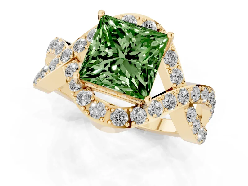 Fancy Green Princess Cut Diamond Solitaire Twist Band Pavé Engagement Ring Set in Yellow gold