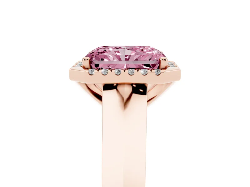 Fancy Pink Radiant Cut Diamond Halo Ring Set in Rose gold with Cathedral Band and Prong Setting