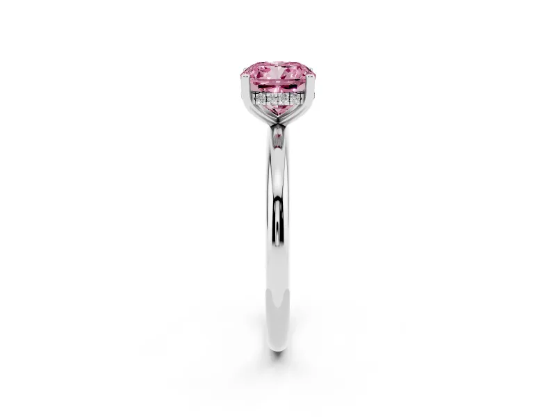 Fancy Pink Cushion Cut Diamond Solitaire Engagement Ring Set in Platinum with Prong Setting and Polished Band