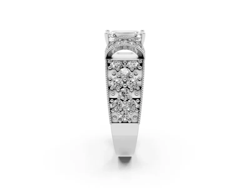 Emerald Cut Vintage Milgrain Pave Engagement Ring Setting | Crescent Side Rows | Sterling Silver